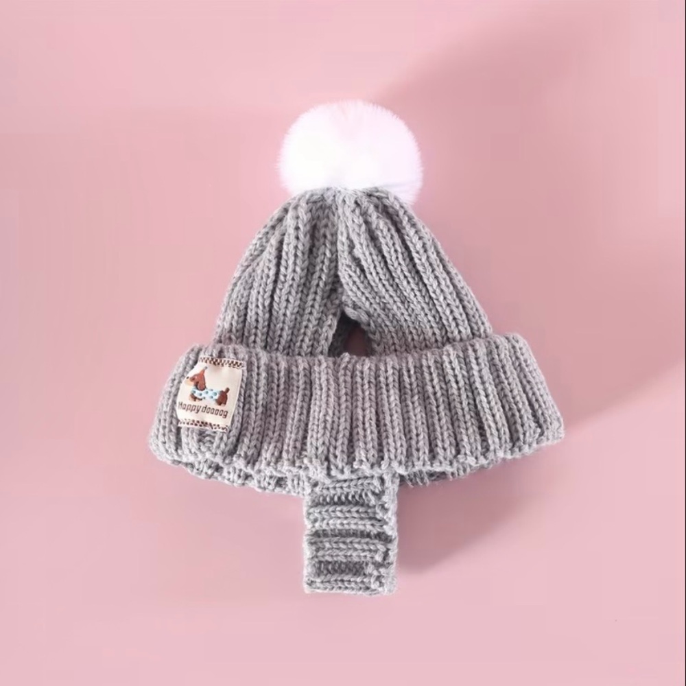 HAPPY DOOOOOG Soft Knit Dog Hat w/Pom Trim, Ear Holes + Chin Strap in Grey - NWT - Picture 5 of 13